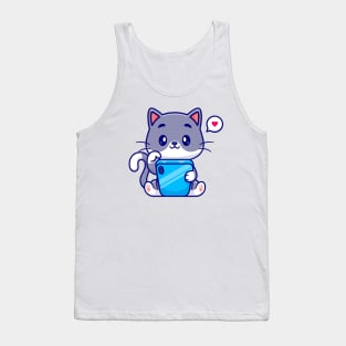 Cute Cat Playing Handphone Cartoon Tank Top